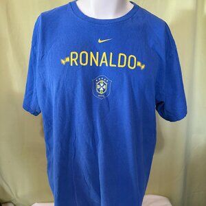 Vintage Ronaldo Brazil #9 Football Nike Blue T Shirt Large Cotton Born to Play